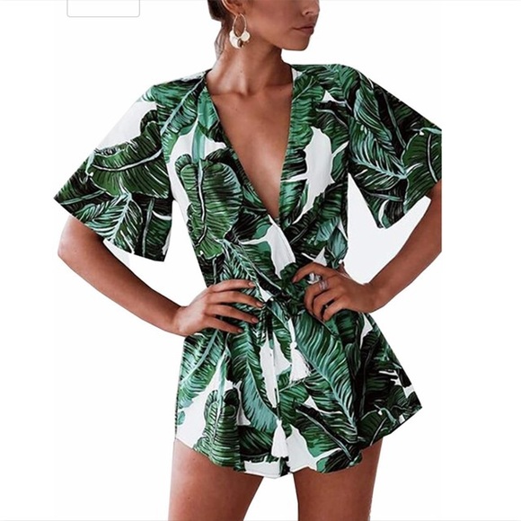 Pants & Jumpsuits Womens Plunge V Neck Romper Leaf Print Poshmark